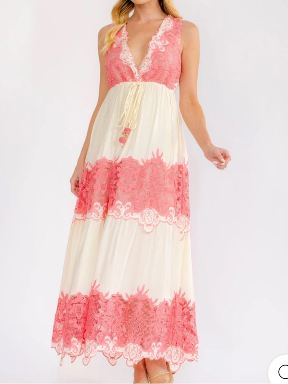 Boho NWT Sleeveless Cream and Coral Lace Trim Maxi Dress S-M-L